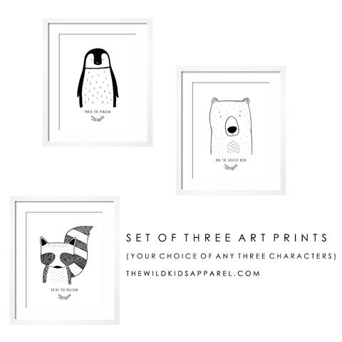 Set of three Modern Custom Art Prints by The Wild - Your choice of any three characters