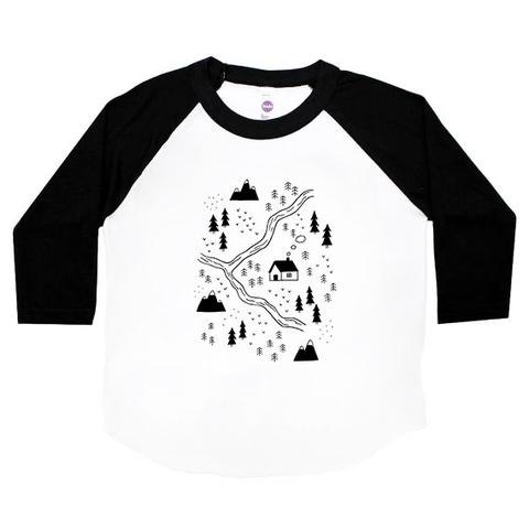 Modern Kids Black and White Unisex Baseball Tee - The Woods - Hand Printed Poly/Cotton Raglan by The Wild